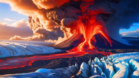 Illustration de l'interaction entre la fonte des glaciers et l'activité volcanique, générée par intelligence artificielle.