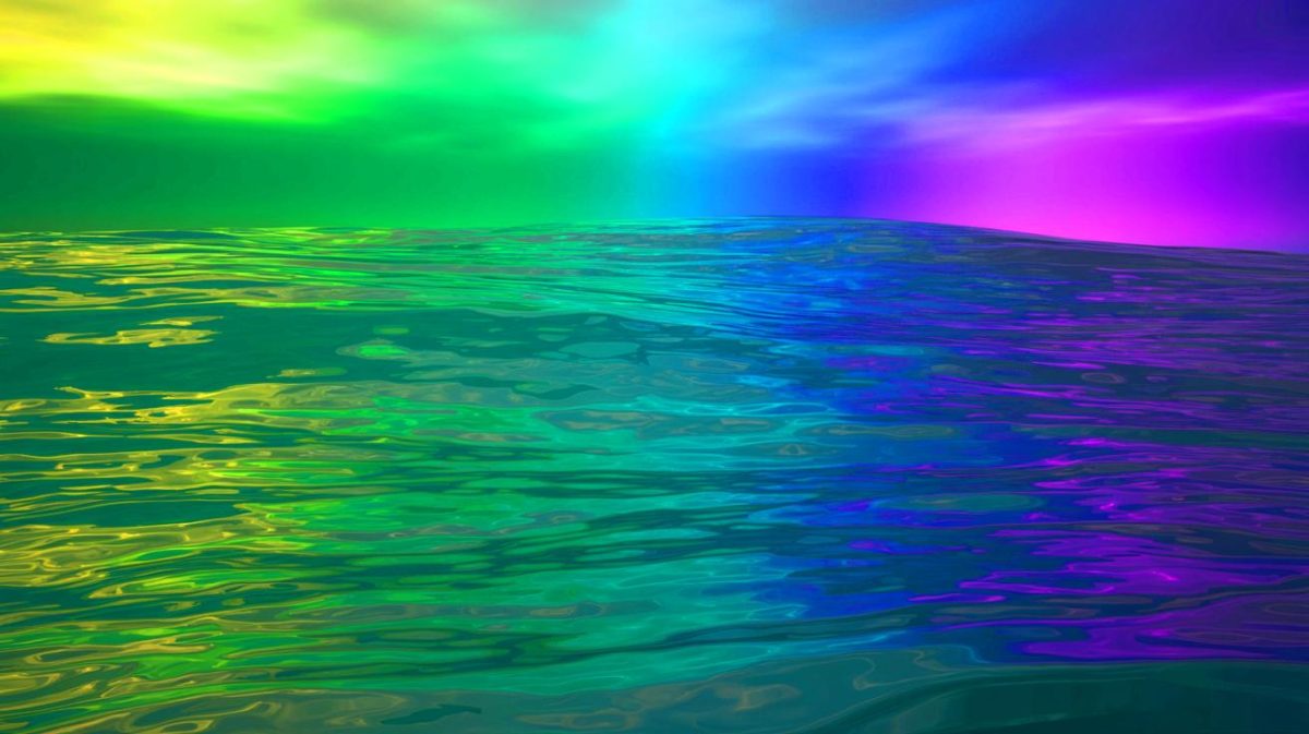 Illustration de la transformation des océans de couleur verte à violette au fil des millénaires. Image réalisée par IA.