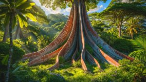 Illustration de Tessmannia princeps, un arbre millénaire découvert dans les monts Udzungwa en Tanzanie. Image réalisée par IA.