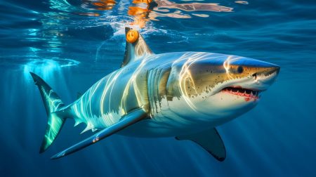 Illustration de la capture et du marquage d'un requin blanc au large des côtes américaines. Image réalisée par IA.