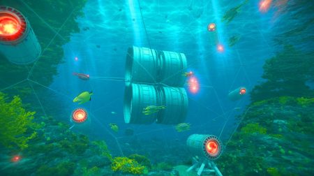 Illustration de la détection de neutrinos par le télescope KM3NeT dans les profondeurs de la mer Méditerranée. Image réalisée par IA.
