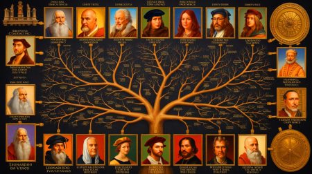Illustration de la reconstitution généalogique de Léonard de Vinci sur 21 générations. Image réalisée par IA.