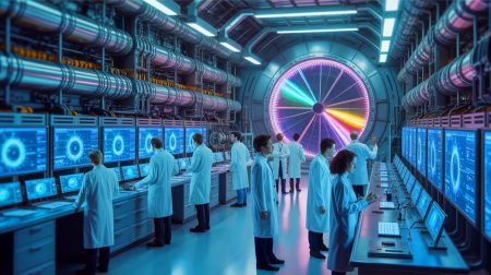 Illustration de la découverte potentielle d'une nouvelle particule théorique, le toponium, par les scientifiques du CERN. Image réalisée par IA.