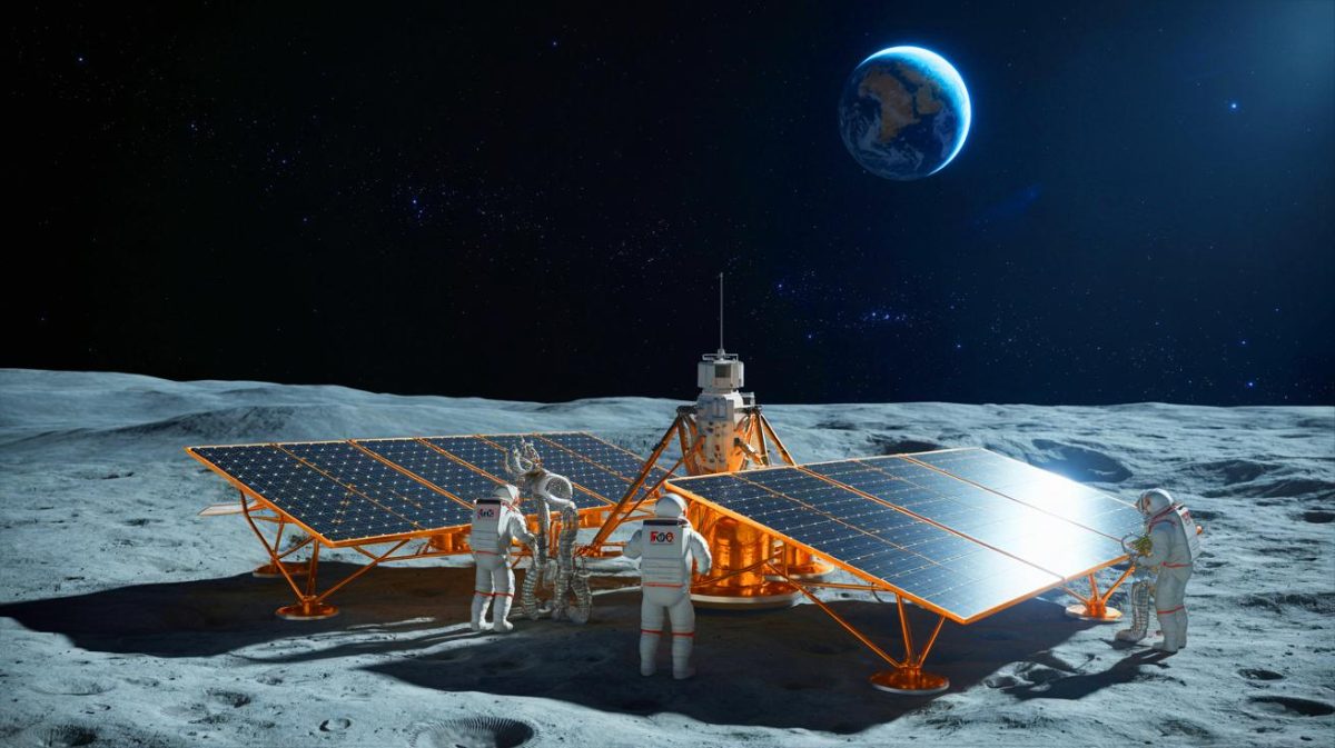 Illustration de la création de cellules photovoltaïques à partir de poussière lunaire. Image réalisée par IA.