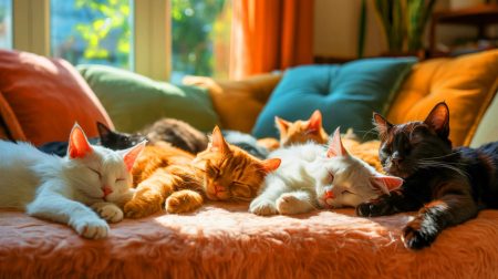 Illustration de chats préférant dormir sur le côté gauche, générée par intelligence artificielle.