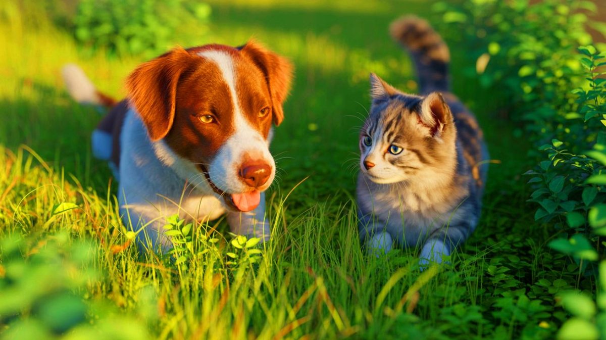 Illustration de chiens et chats mangeant de l'herbe.