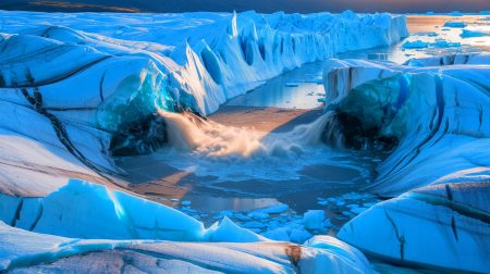 « C’est une catastrophe incroyable » : le Groenland submergé par 90 milliards de litres d’eau, un choc climatique total Illustration de la libération explosive d'un lac subglaciaire au Groenland sous une calotte glaciaire.