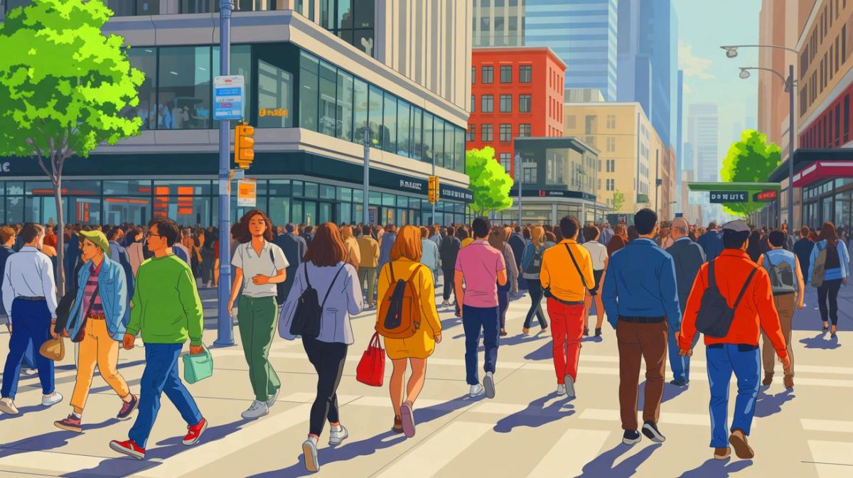 Illustration de l'accélération du rythme de marche dans les espaces urbains modernes.