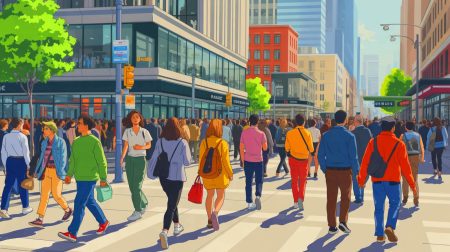 Illustration de l'accélération du rythme de marche dans les espaces urbains modernes.