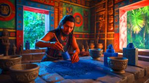 Illustration de la fabrication et de l'utilisation sacrée du bleu maya par les anciens Mayas.