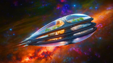 « Une vague de panique balaye Paris en pleine nuit » : la capitale en émoi face à un mystérieux phénomène céleste Illustration de Chrysalis, un vaisseau générationnel conçu pour un voyage interstellaire vers Alpha Centauri.
