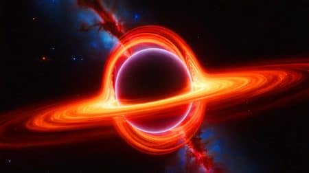 Illustration de M87*, le trou noir supermassif présentant des variations magnétiques inattendues.