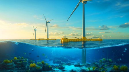 Illustration de la ferme éolienne flottante écoconçue au large de l'Occitanie intégrant la biodiversité marine.