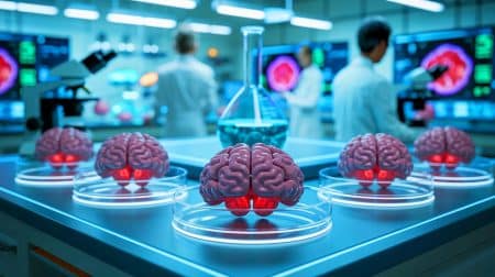 Des cerveaux miniatures en laboratoire : découverte révolutionnaire qui pourrait bouleverser notre compréhension de la conscience Illustration de l'étude des organoïdes cérébraux et des questions éthiques liées à leur potentiel conscience.