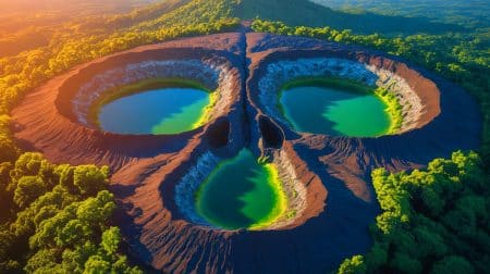 Illustration de deux lacs volcaniques formant une illusion de crâne vue depuis l'espace.