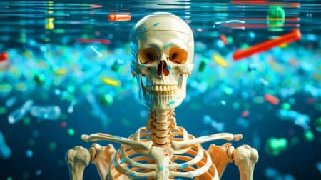 Illustration de l'infiltration des microplastiques dans les os humains.