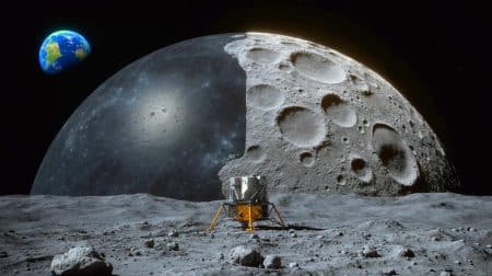 Illustration de la mission Chang'e 6 rapportant des échantillons de la face cachée de la Lune.