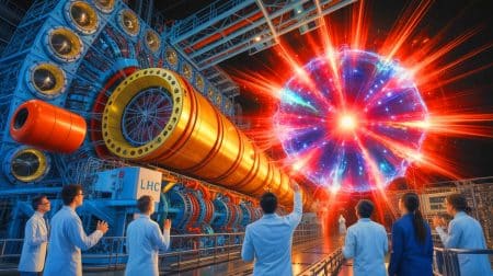Illustration de la désintégration rare du boson de Higgs observée par la collaboration ATLAS au LHC.