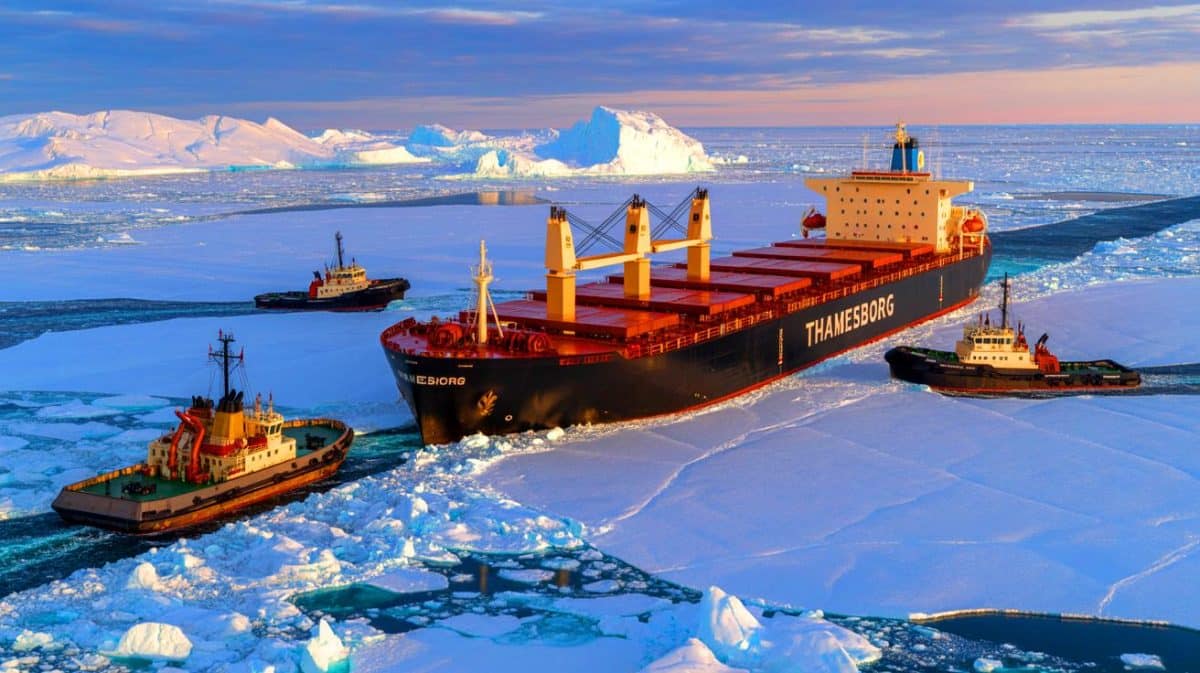 Illustration de la libération du cargo Thamesborg emprisonné dans les glaces arctiques.
