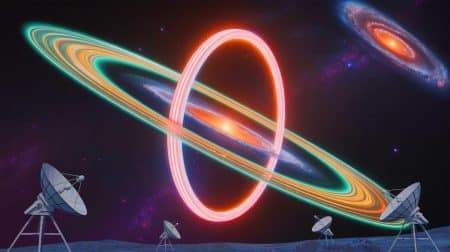 Illustration de la découverte d'un double anneau radio cosmique, révélée par des radiotélescopes.