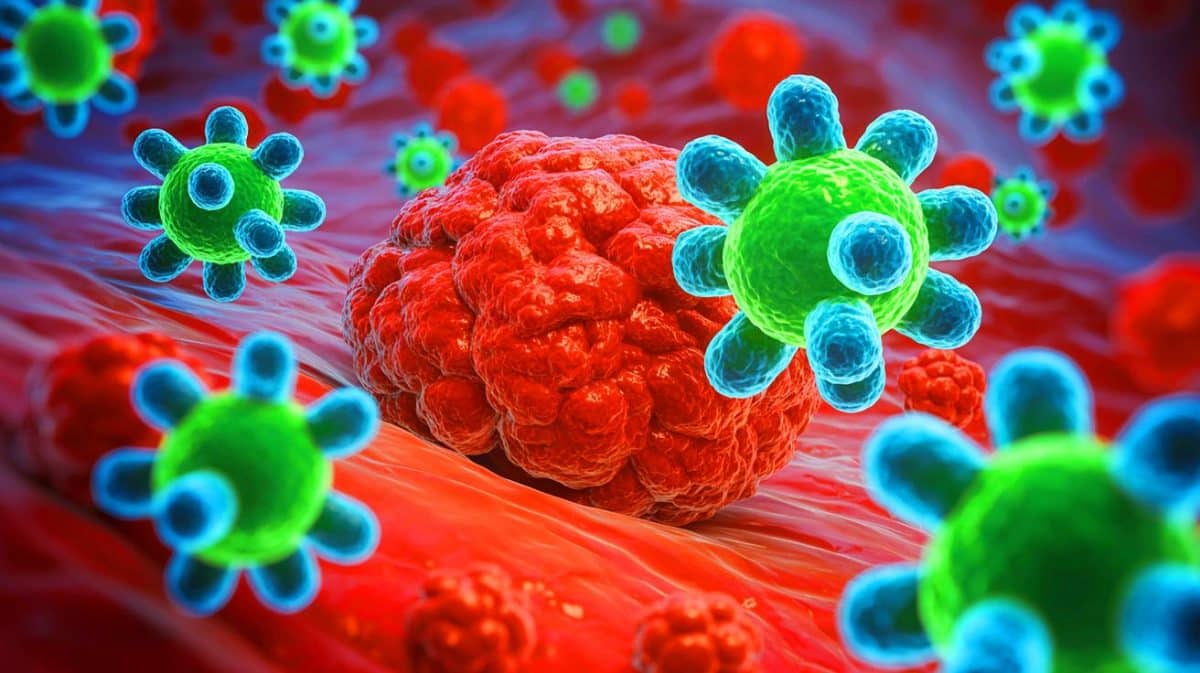 Illustration de cellules immunitaires modifiées ciblant des tumeurs cancéreuses.