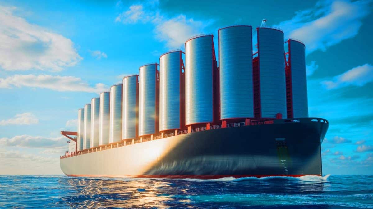 « Un géant des mers vous bouleverse » : ce colosse 30 fois plus lourd que la tour Eiffel (et il arrive bientôt) Illustration de l'innovation technologique avec les voiles rotatives du Grand Pioneer pour réduire les émissions de CO₂ dans le transport maritime.
