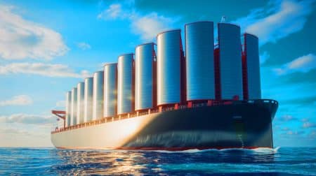 Illustration de l'innovation technologique avec les voiles rotatives du Grand Pioneer pour réduire les émissions de CO₂ dans le transport maritime.
