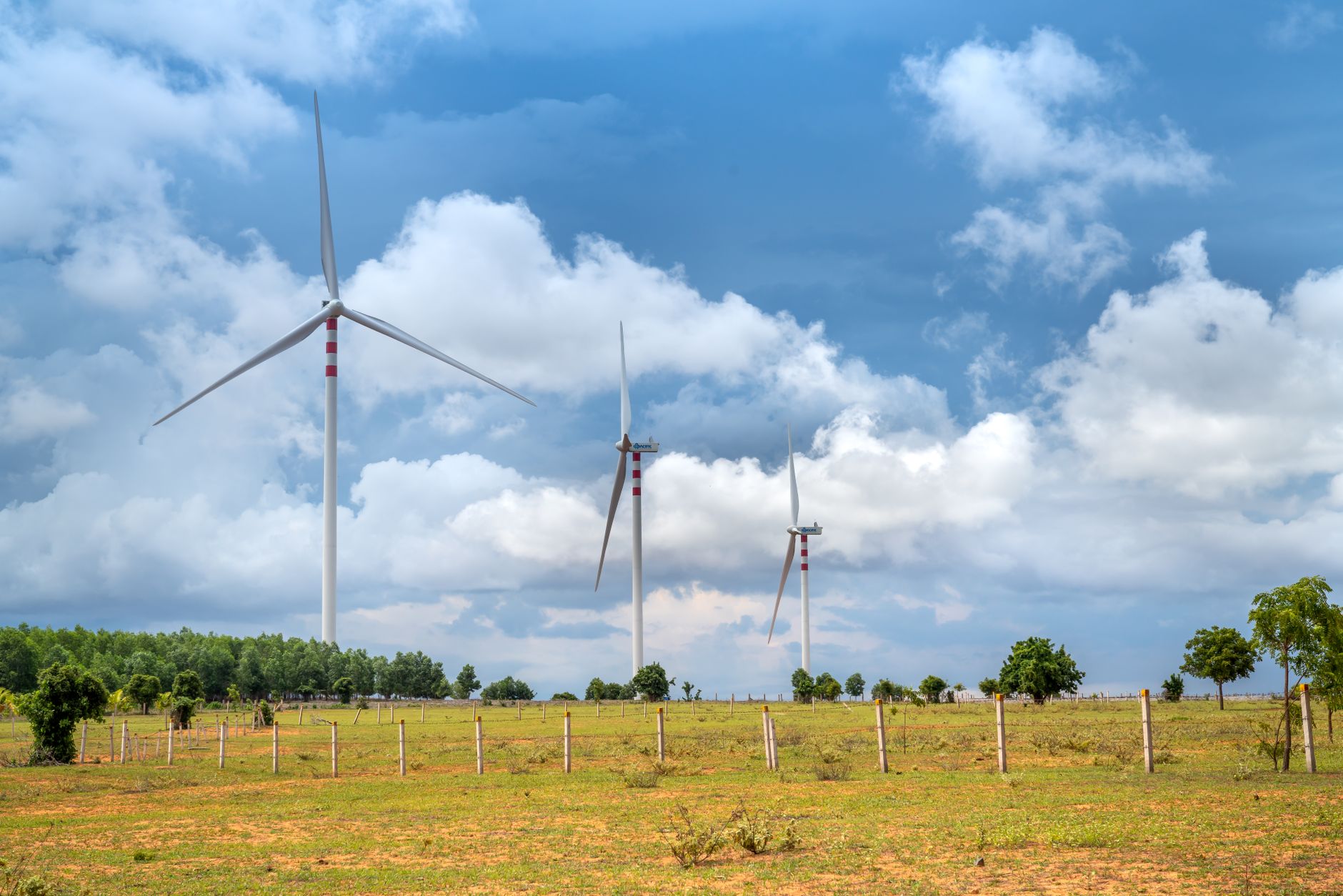 Trois éoliennes blanches à bandes rouges dans une prairie clôturée, sous un ciel bleu avec de gros nuages.